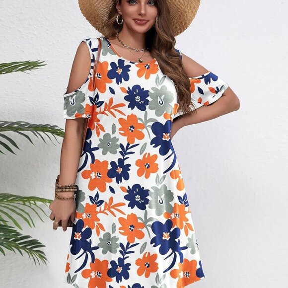 Women's Plus Size Summer Dress Floral Short Sleeve Casual Mini Pockets - Picture 3 of 4